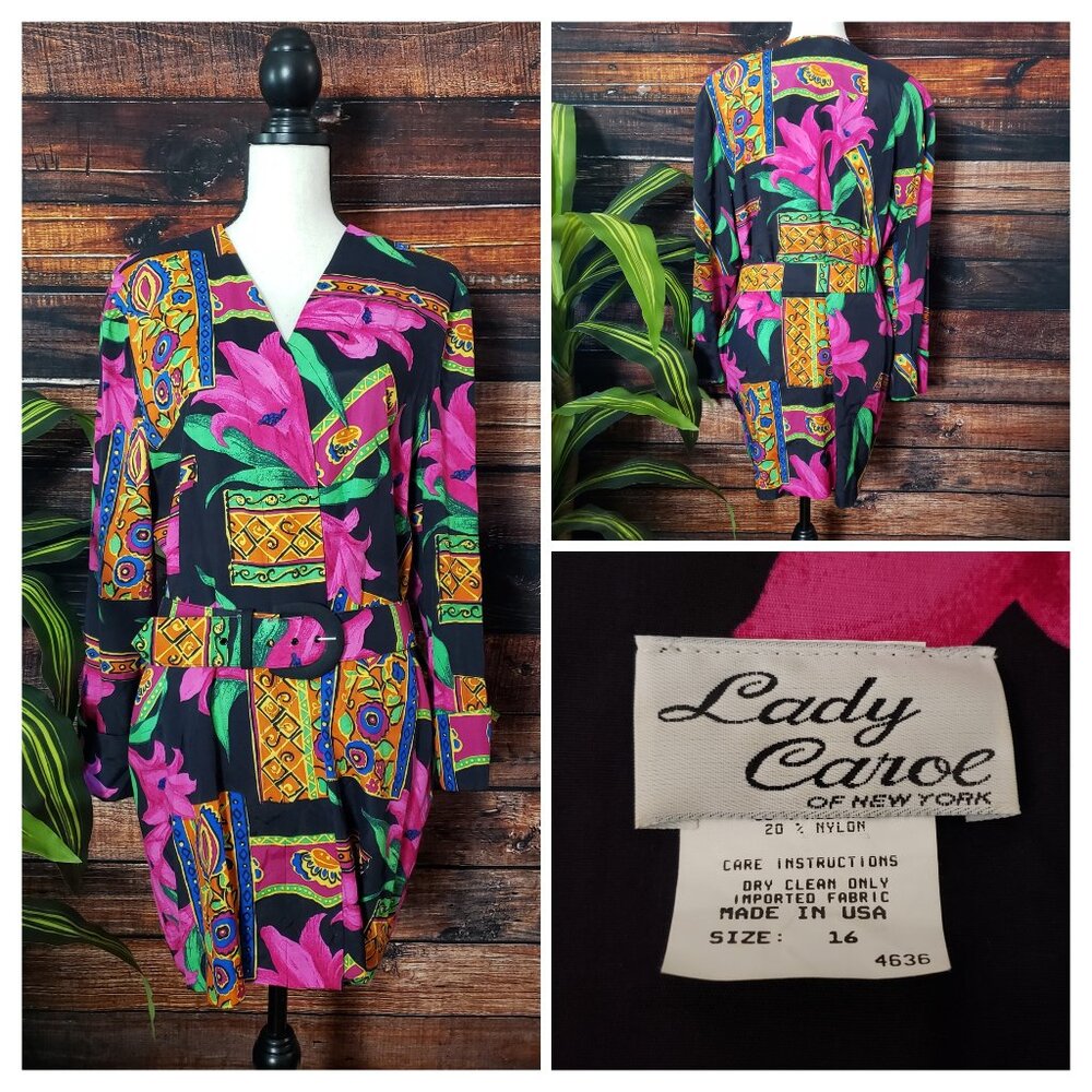 Lady Carol Of New York Vintage Top Tunic Dress With Belt Floral Rayon USA Union